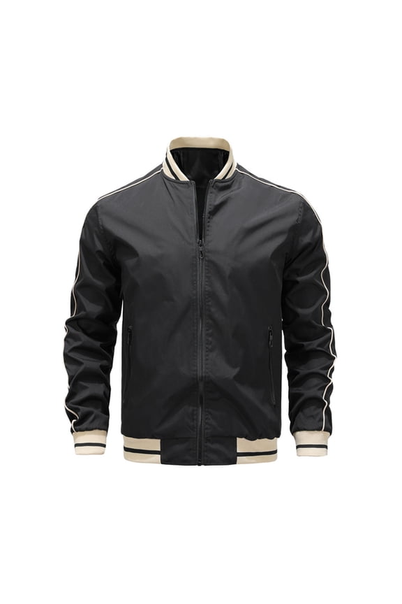 Men's Fashion Jacket Long Sleeve Jacket Patchwork Zipper Stand-up Collar Coat Casual Sweater Jacket with Pocket Black L