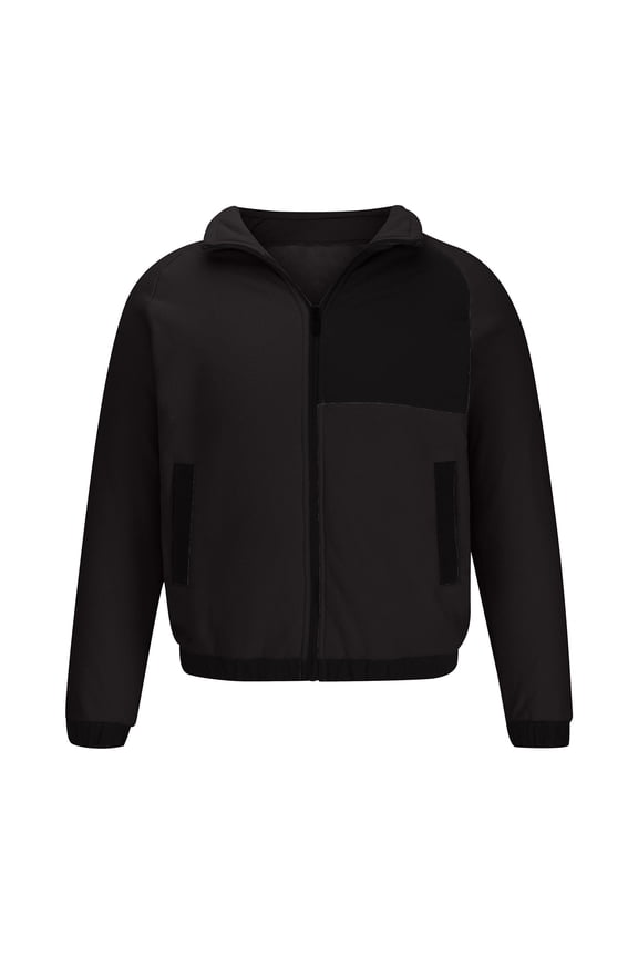 Men's Fashion Jacket Patchwork Long Sleeve Jacket Zipper Lapel Coat Winter Warm Plush Jacket with Pocket Black M