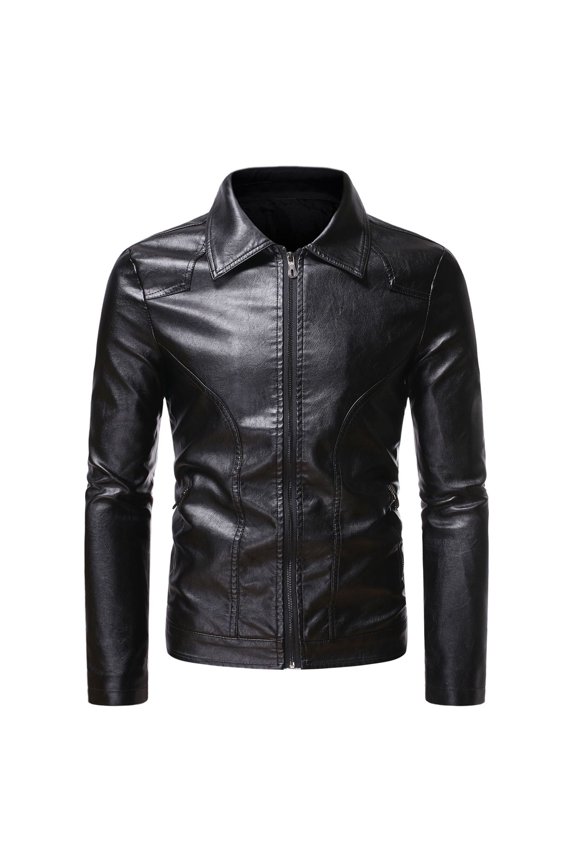 Men's Fashion Leather Jackets Long Sleeve Jacket Zipper Hooded Neck Retro Hooded Leather Jackets with Pocket Solid Color Black L