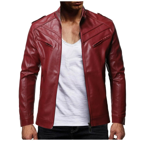 IYTR Men's Fashion Leather Jackets Zipper Stand-up Collar Plus Size Retro Leather Coats with Pocket Solid Color Long Sleeve Jacket Red M