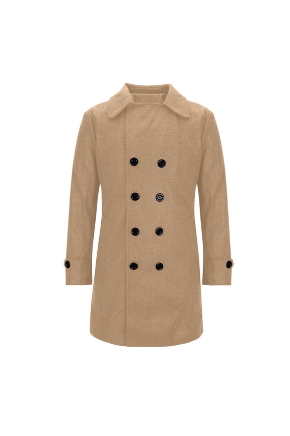 Men's Fashion Peacoat Wool Double Breasted Solid Color Long Sleeve Overcoat Classic Winter Warm Overcoat Khaki XXXL