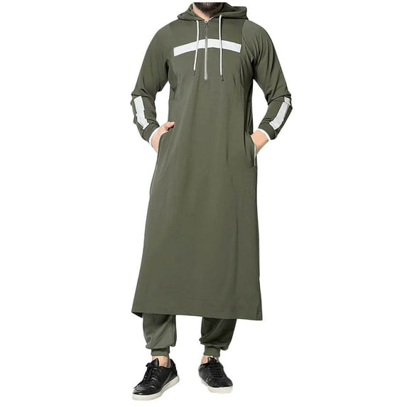 IYTR Men's Fashion Robe Patchwork Relaxed Hoodie Retro Striped Robe with Pocket Long Sleeve Jacket Zipper Hooded Drawstring Coat Army Green XXXL