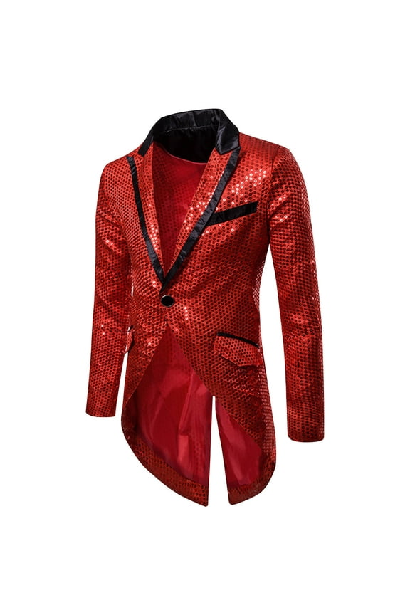 Men's Fashion Sequined Blazer Tailcoat Lapel Long Sleeve Formal Party Wedding Prom Blazer Jacket Red M