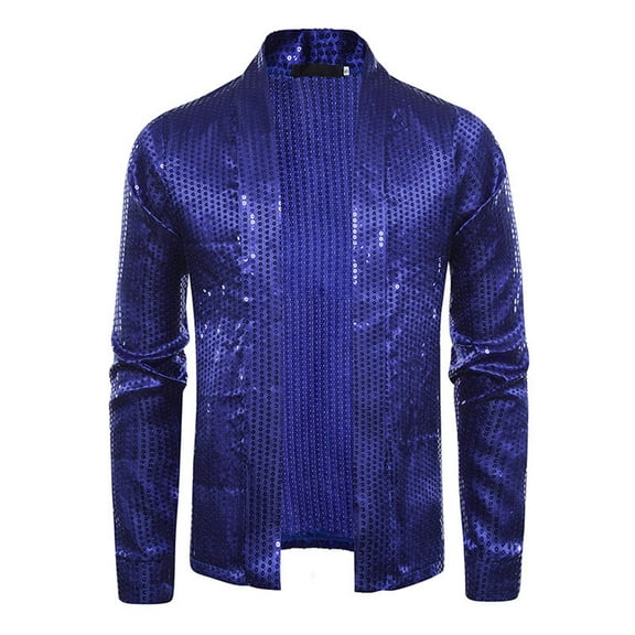 IYTR Men's Fashion Sequined Blazer Turndown Collar Long Sleeve Party Jacket Casual Shiny Open Front Coat Blue M