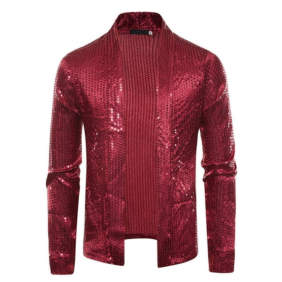 IYTR Men's Fashion Sequined Blazer Turndown Collar Long Sleeve Party Jacket Casual Shiny Open Front Coat Red XL