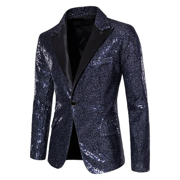 IYTR Men's Fashion Sequined Blazer Turndown Collar Long Sleeve Slim Party Blazer Shiny Formal Jacket Navy L