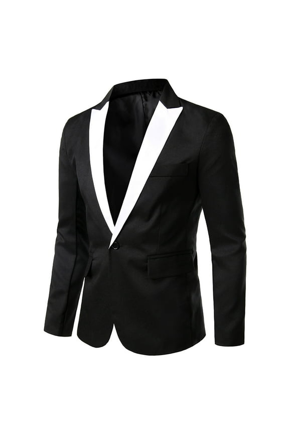 Men's Fashion Suit Coat One Button Peak Lapel Long Sleeve White Suit Jacket Slim Tuxedo Blazer Black L