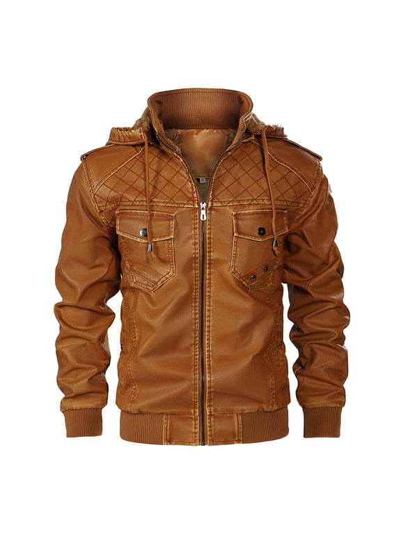 Men's Faux Leather Jacket Winter Warm Hooded Motorcycle Biker Jacket PU Leather Outwear Black S
