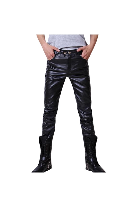 Men's Faux Leather Pants Stretchy Biker Jeans Slim Fit Low Waist Trousers Black Black L