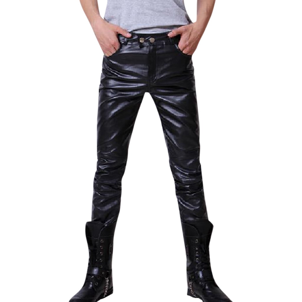 IYTR Men's Faux Leather Pants Stretchy Biker Jeans Slim Fit Low