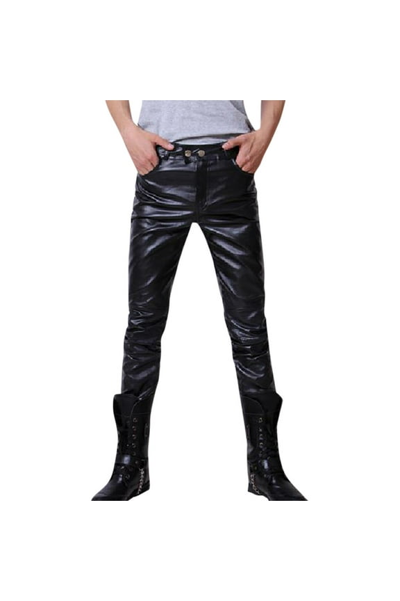 Men's Faux Leather Pants Stretchy Biker Jeans Slim Fit Low Waist Trousers Black Black M