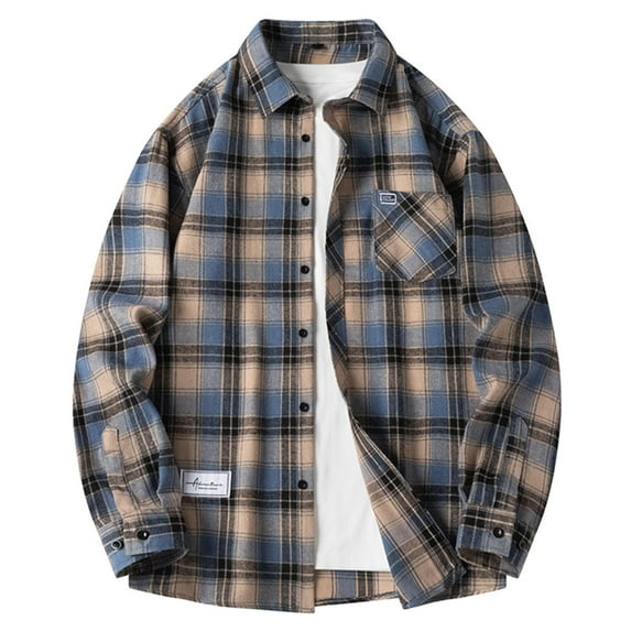 IYTR Men's Flannel Shirt Fashion Casual Plaid Turndown Collar Long Sleeve Button Up Loose Shirts Blue M