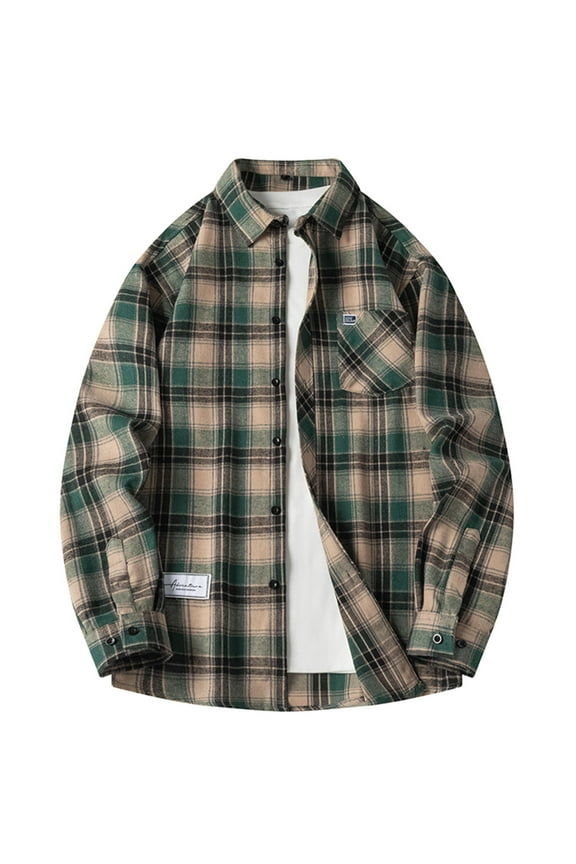 Men's Flannel Shirt Fashion Casual Plaid Turndown Collar Long Sleeve Button Up Loose Shirts Green XXXXL