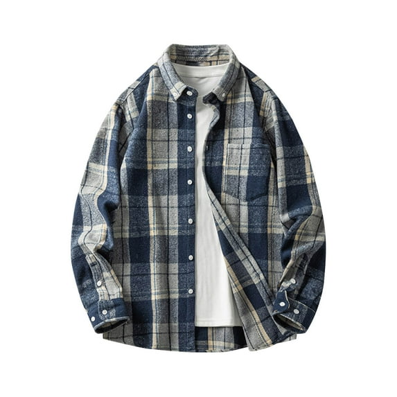 IYTR Men's Flannel Shirts Casual Button Plaid Shirt Long Sleeve Lapel Vintage Shirts Fall Thermal Shirt (Dark Blue,XXXXL)