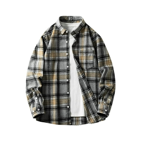 IYTR Men's Flannel Shirts Casual Button Plaid Shirt Long Sleeve Lapel Vintage Shirts Fall Thermal Shirt (Gray,XL)