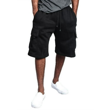 IYTR Men's Fleece Cargo Shorts with Pockets Dstring Elastic Waist Solid Color Summer Beach Shorts Black XXL