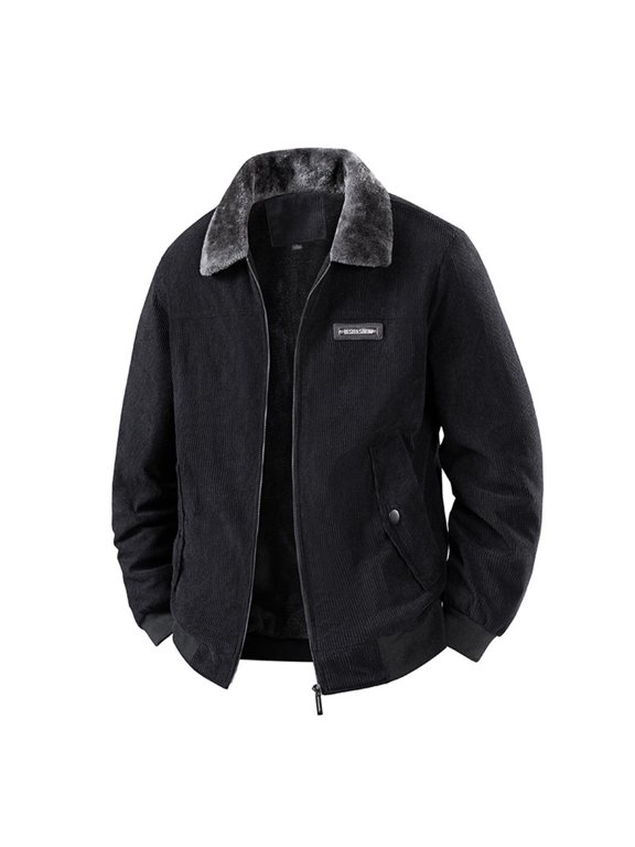 Men's Fleece Lined Jackets Zip‑Up Long Sleeve Outerwear Furry Collar Coats with Decor Badge for Cold Weather Daily Casual Street Style,Size:M-XXXXXL