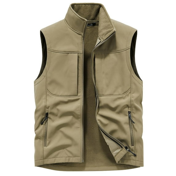 IYTR Men's Fleece Lined Soft Waistcoat Winter Warm Sleeveless Jacket Outdoor Sports Lightweight Windproof Warm Waistcoat Khaki XXXXL