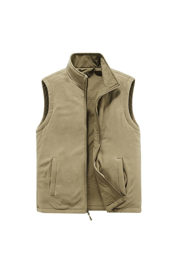 Men's Fleece Lined Waistcoat Outdoor Lightweight Sleeveless Jacket Warm Winter Waistcoat Zipper Closure Multiple Pockets Hiking Fishing Camping Khaki XXL