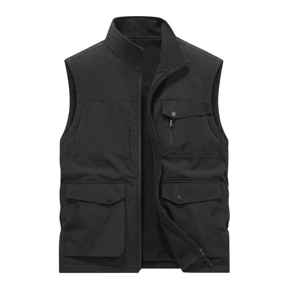 IYTR Men's Fleece Lined Waistcoat Utility Waistcoat Outdoor Waistcoat Multi Pockets Sleeveless Jacket Warm Winter Waistcoat Work Waistcoat Black XL