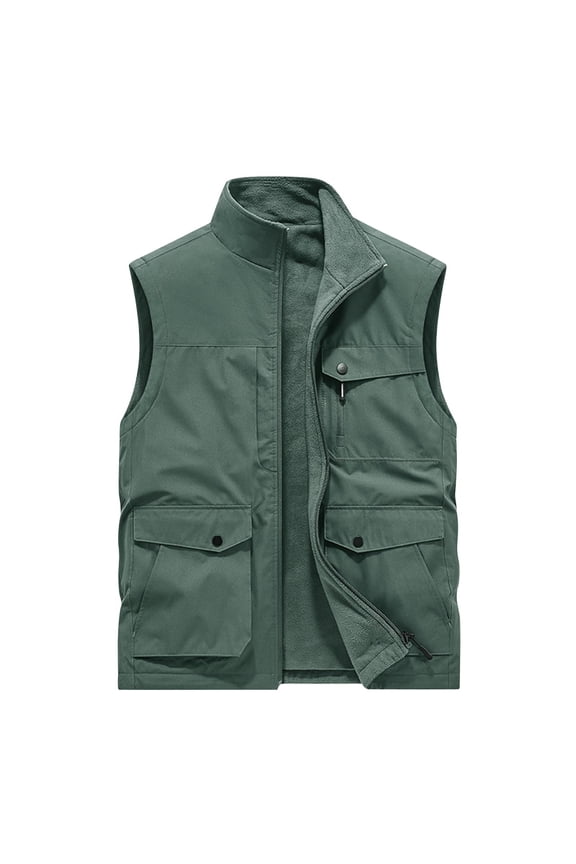 Men's Fleece Lined Waistcoat Utility Waistcoat Outdoor Waistcoat Multi Pockets Sleeveless Jacket Warm Winter Waistcoat Work Waistcoat Pea Green XXXL