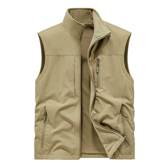 IYTR Men's Fleece Lined Waistcoat Warm Winter Outdoor Soft Zipper Waistcoat Lightweight Windproof Hiking Fishing Camping Khaki XXXXXXL