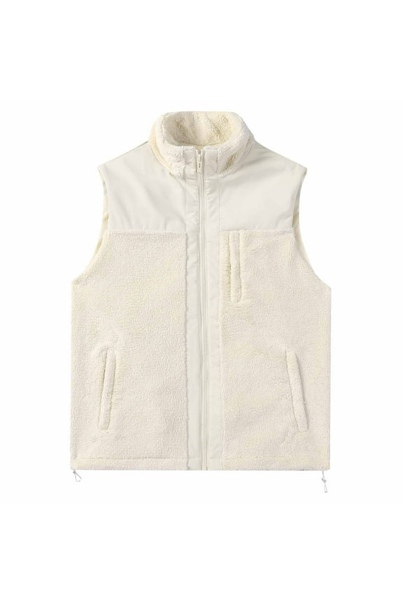 Men's Fleece Vest Warm Waistcoat Stand Collar Sleeveless Zipper Pockets Outdoor Sports Fishing Hiking Travel Gilet Plus Size White XL