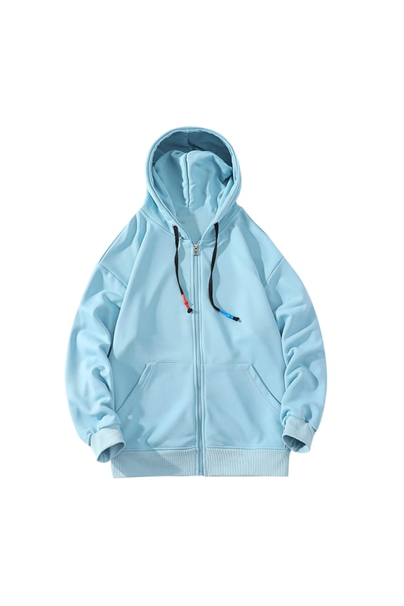 Men's Full-Zip Hoodie Sweatshirt Long Sleeve Solid Color Hooded Jacket with Kangaroo Pockets Drawstring Pullover Streetwear Tops Coat Light Blue XXXL