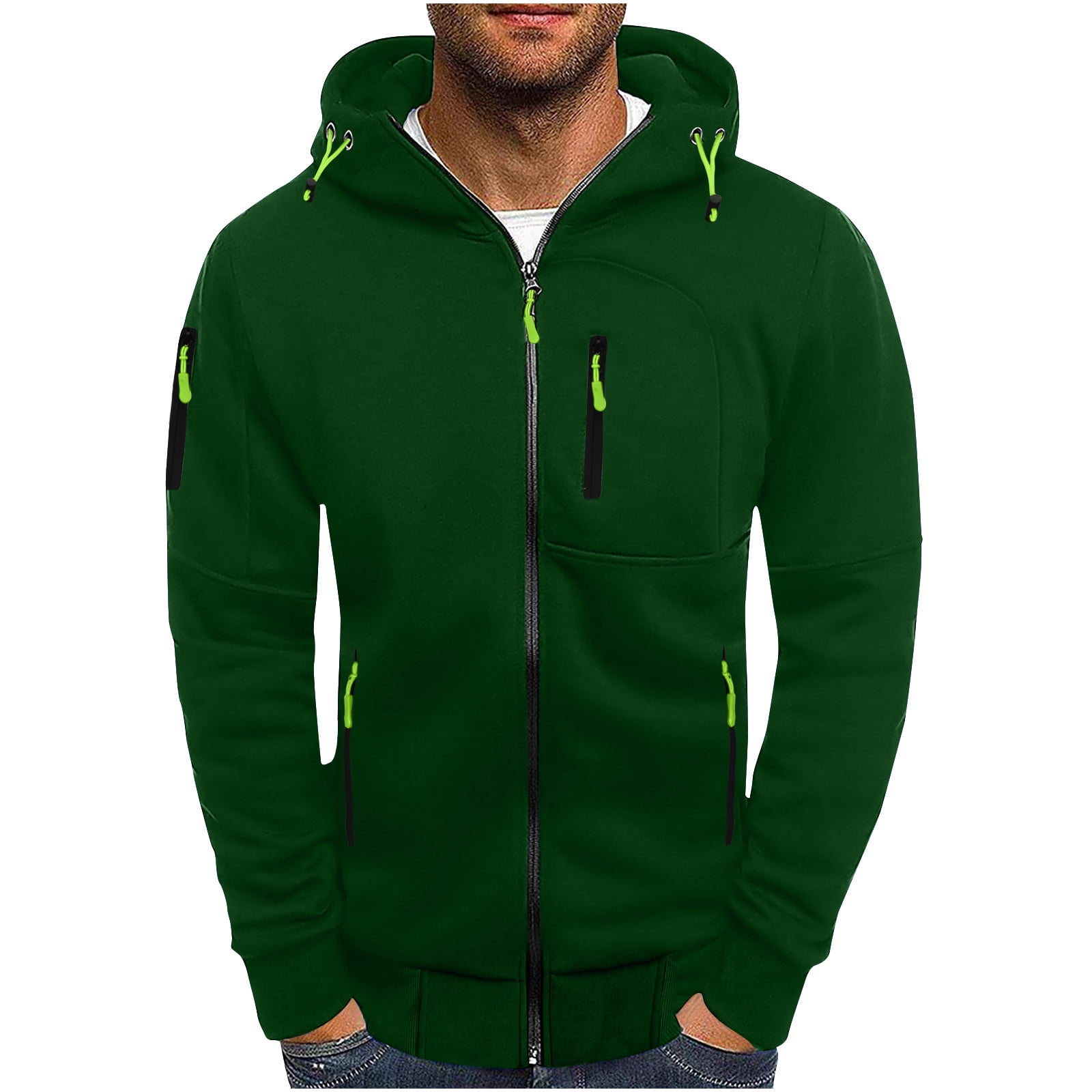 IYTR Men's Full Zip Up Hoodie Jacket with Zipper Pockets Sweatshirt Long Sleeve Hooded Coat Outwear Green XL