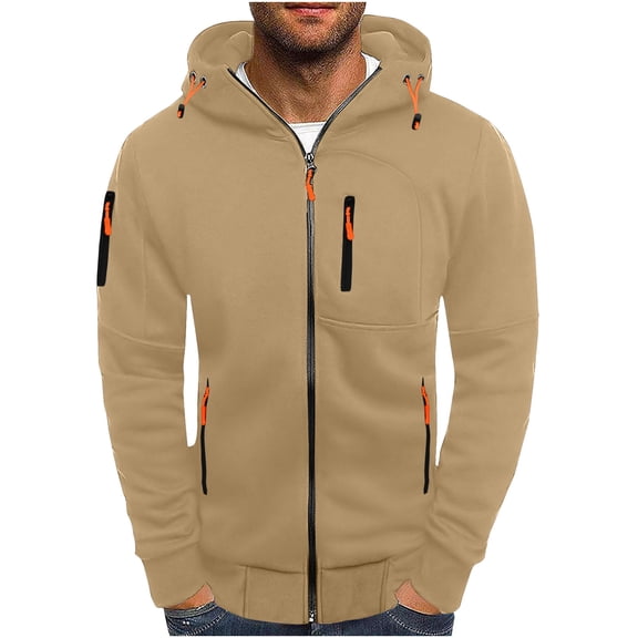 IYTR Men's Full Zip Up Hoodie Jacket with Zipper Pockets Sweatshirt Long Sleeve Hooded Coat Outwear Khaki L