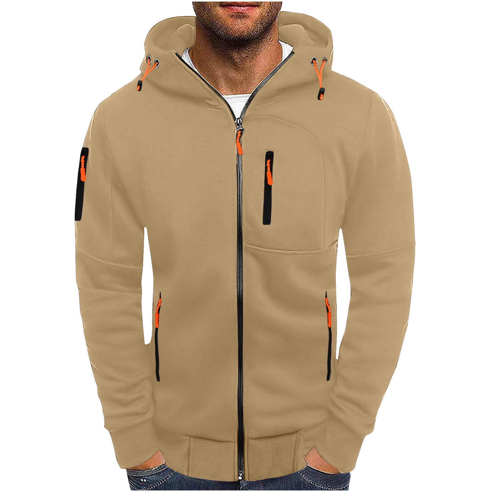 IYTR Men's Full Zip Up Hoodie Jacket with Zipper Pockets Sweatshirt Long Sleeve Hooded Coat Outwear Khaki XXL