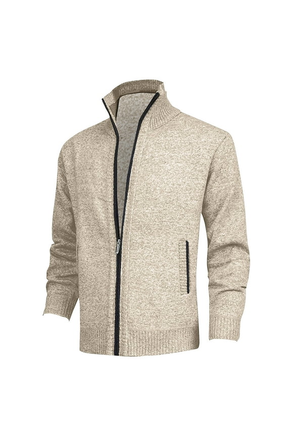 Men's Full Zip Up Knit Cardigan Sweater Stand Collar Long Sleeve Warm Pullover Solid Color Outerwear with Pockets Khaki XXL