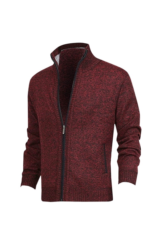 Men's Full Zip Up Knit Cardigan Sweater Stand Collar Long Sleeve Warm Pullover Solid Color Outerwear with Pockets Wine XXL