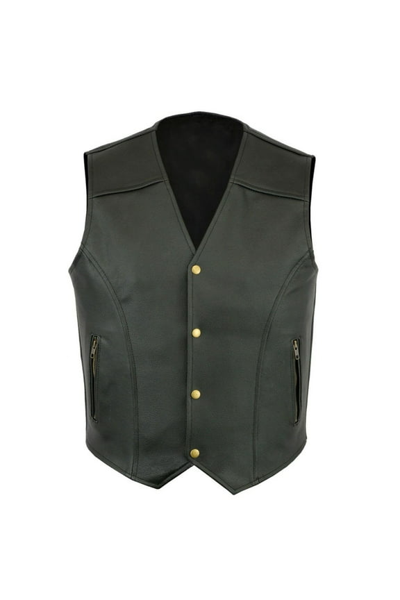 Men's Genuine Cowhide Leather Vest Biker Waistcoat Black/Brown V-Neck Sleeveless Single Breasted with Zipper Pockets Black L