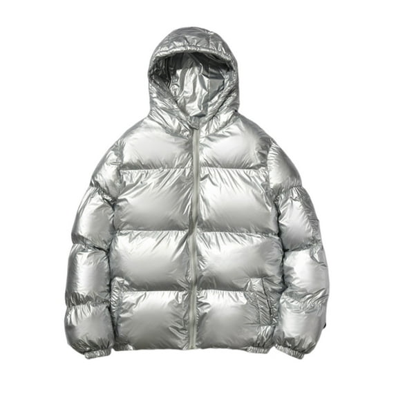 IYTR Men's Glossy Hooded Bread Clothes Coat Solid Color Long Sleeve Jacket Zipper Hooded Neck Comfy Keep Warm Jacket Coats with Pocket Silver XXL