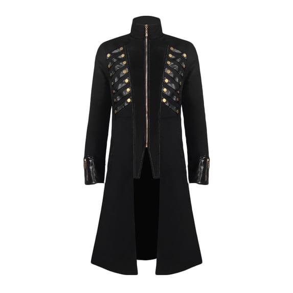 IYTR Men's Gothic Coat Solid Color Long Sleeve Jacket Zipper Stand-up Collar Medieval Retro Swallowtail Coat Black M