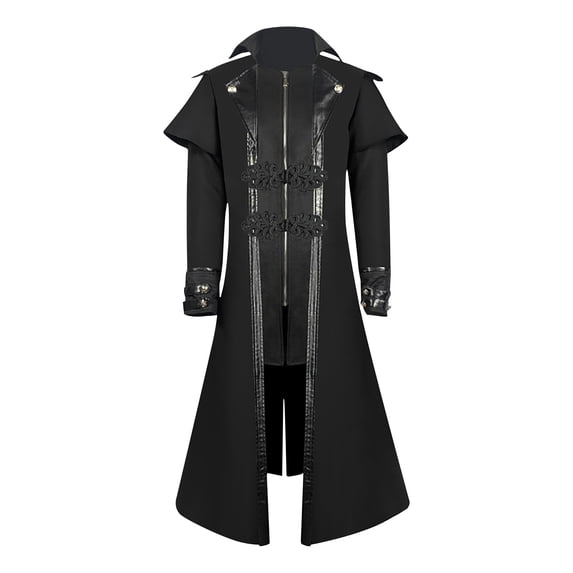 IYTR Men's Gothic Coat Solid Color Long Sleeve Jacket Zipper Stand-up Collar Medieval Retro Swallowtail Coat Black XL
