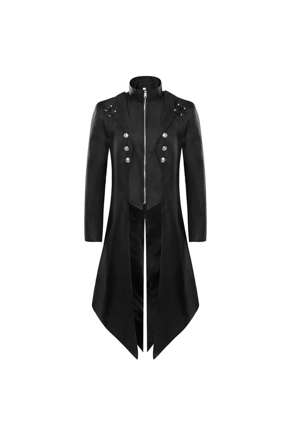 Men's Gothic Coat Solid Color Long Sleeve Jacket Zipper Stand-up Collar Medieval Retro Swallowtail Coat Black XXXL