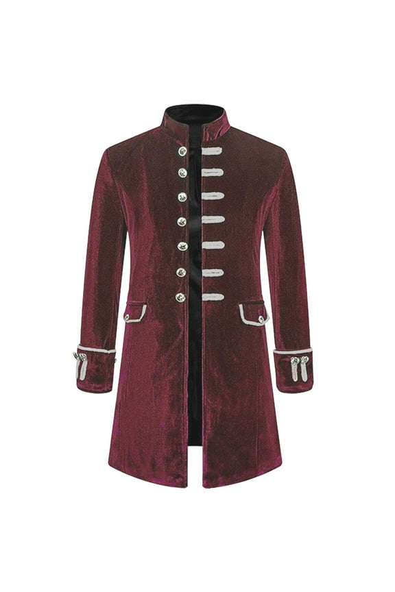 Men's Gothic Velvet Long Victorian Frock Tailcoat Jacket Vintage Steampunk Outwear Overcoat with Buttons Red XXL