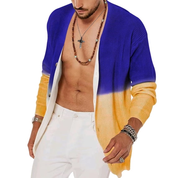 IYTR Men's Gradient Color Block Long Sleeve Button Down Cardigan Sweater Knitted Coat Outwear Tops Blue XXXXL