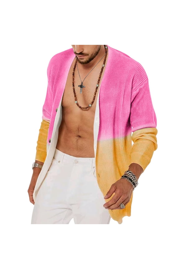 Men's Gradient Color Block Long Sleeve Button Down Cardigan Sweater Knitted Coat Outwear Tops Pink XL