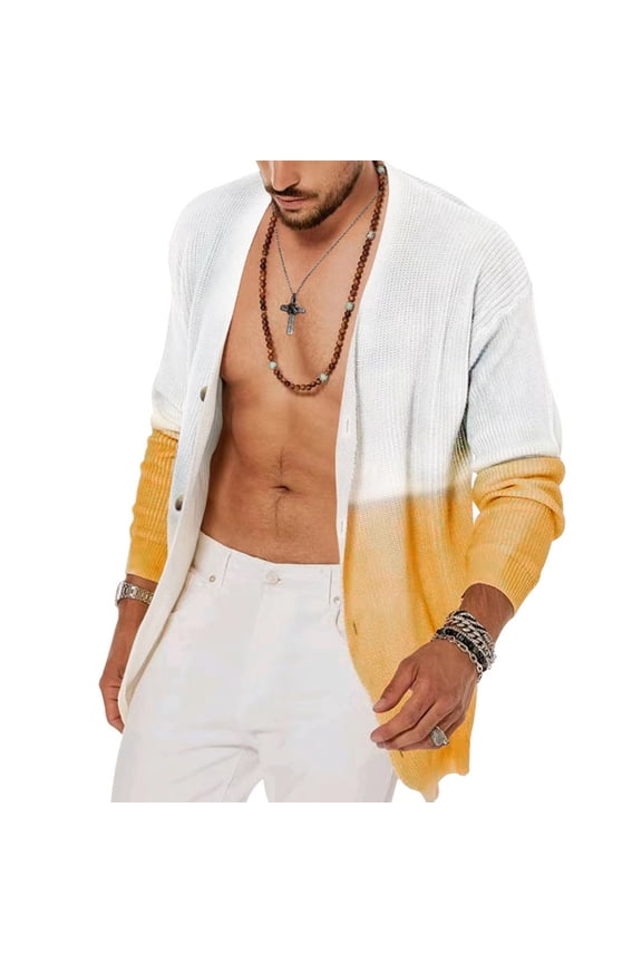 Men's Gradient Color Block Long Sleeve Button Down Cardigan Sweater Knitted Coat Outwear Tops White M