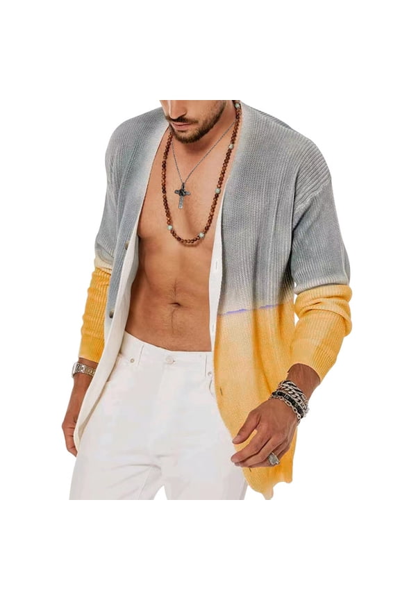Men's Gradient Color Block Long Sleeve Button Down Cardigan Sweater Knitted Coat Outwear Tops