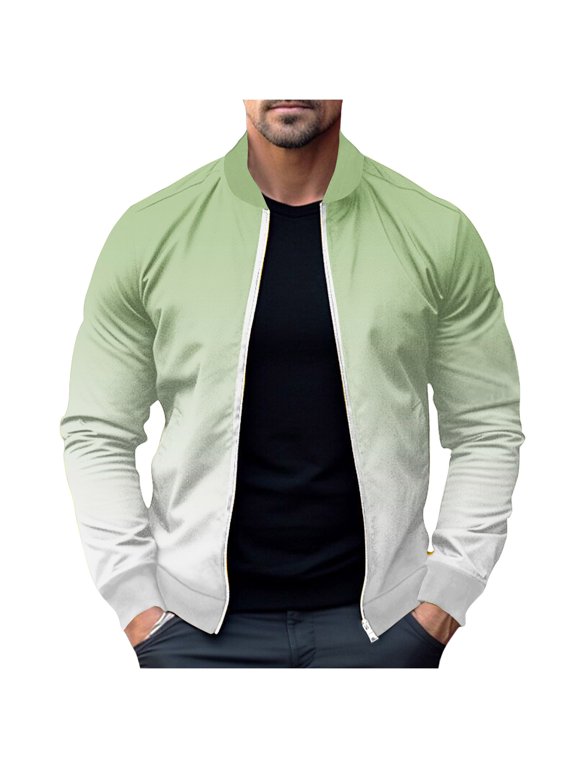 Men's Gradient Jacket Long Sleeve Zipper Baseball Jacket Lightweight Sport Outwear Fashion Streetwear Blouse Coat Green S