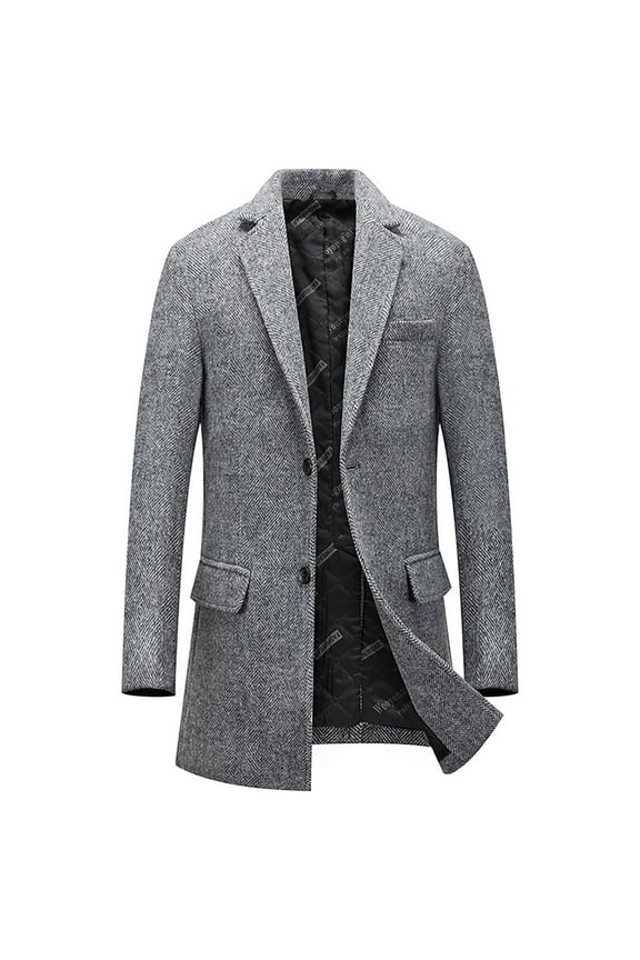 Men's Herringbone Wool Overcoat Winter Warm Single Breasted Long Trench Coat Business Jacket Gray XXXL