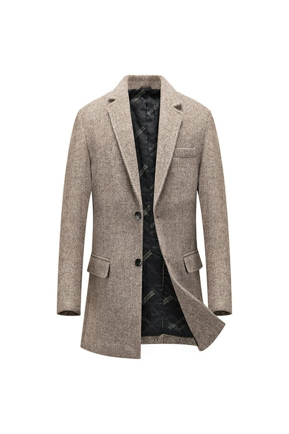 Men's Herringbone Wool Overcoat Winter Warm Single Breasted Long Trench Coat Business Jacket Khaki M