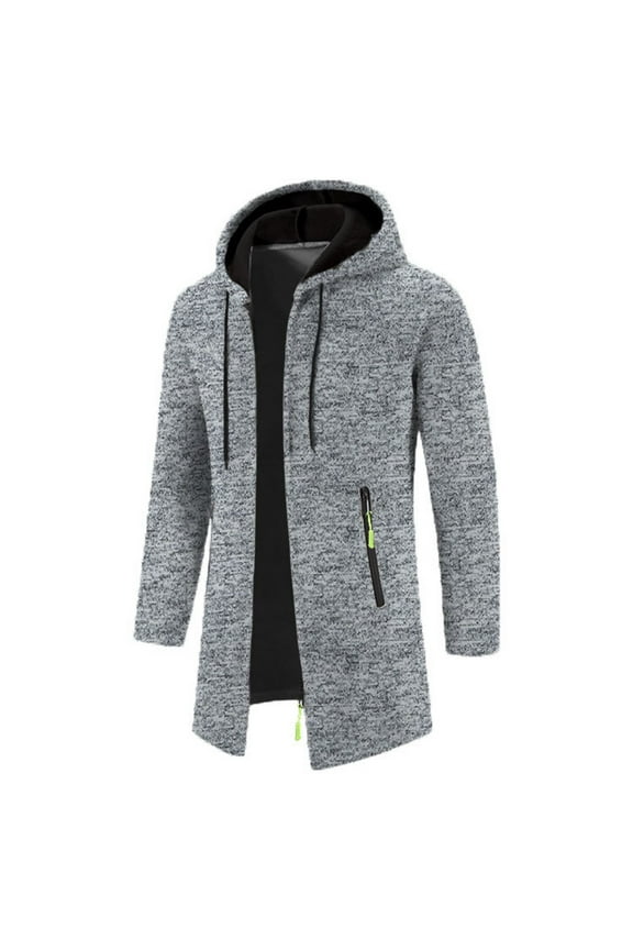 Men's Hooded Drawstring Fleece Jacket Mid-Length Solid Color Coat Winter Warm Long Sleeve Zipper Coat with Pockets Gray S