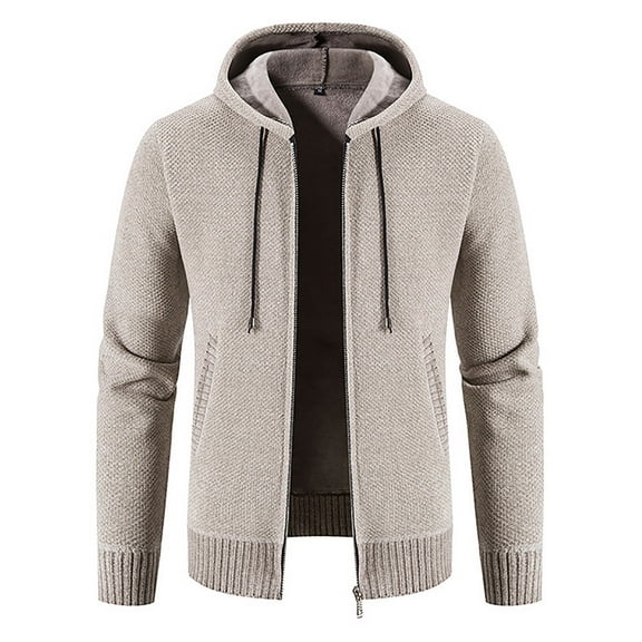 IYTR Men's Hooded Drawstring Sweater Thicken Warm Knitted Cardigan Jacket with Pockets Full Zipper Coats Outwear Beige XL