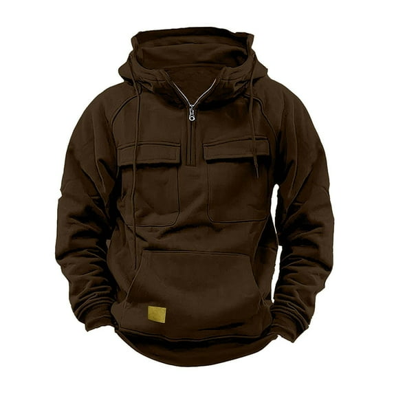 IYTR Men's Hooded Drawstring Sweatshirt Long Sleeve Zipper Pullover Sweatshirt Casual Cargo Hoodie Solid Color Brown XL