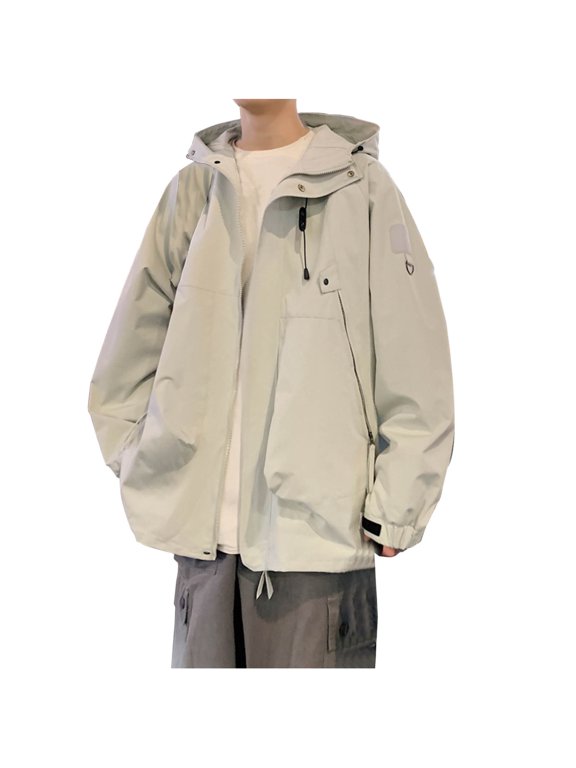 Men's Hooded Jacket Windbreaker Lightweight Zip Up Outdoor Sport Coat Baseball Jacket Long Sleeve Solid Color Loose Daily White XL